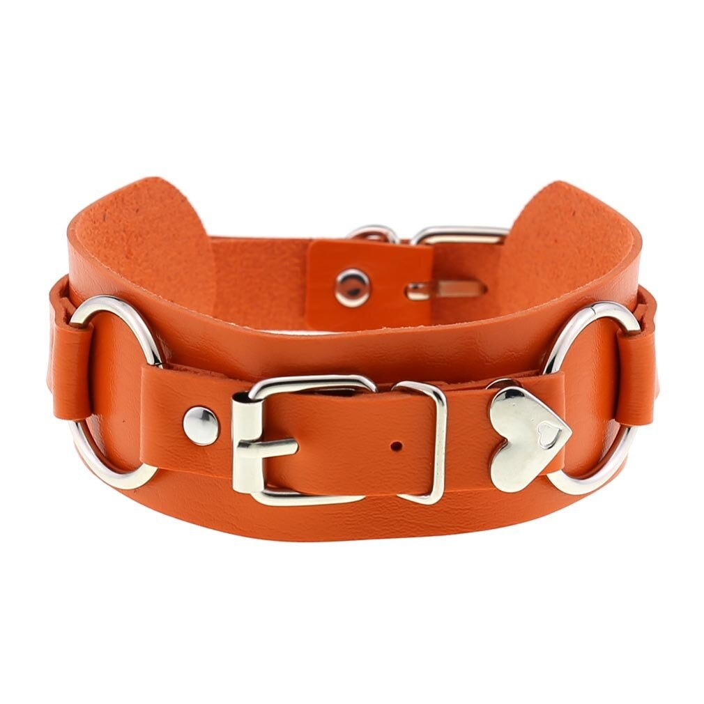 Gothic style orange leather choker necklace with heart-shaped detail, perfect for girls' cosplay and stylish accessories.