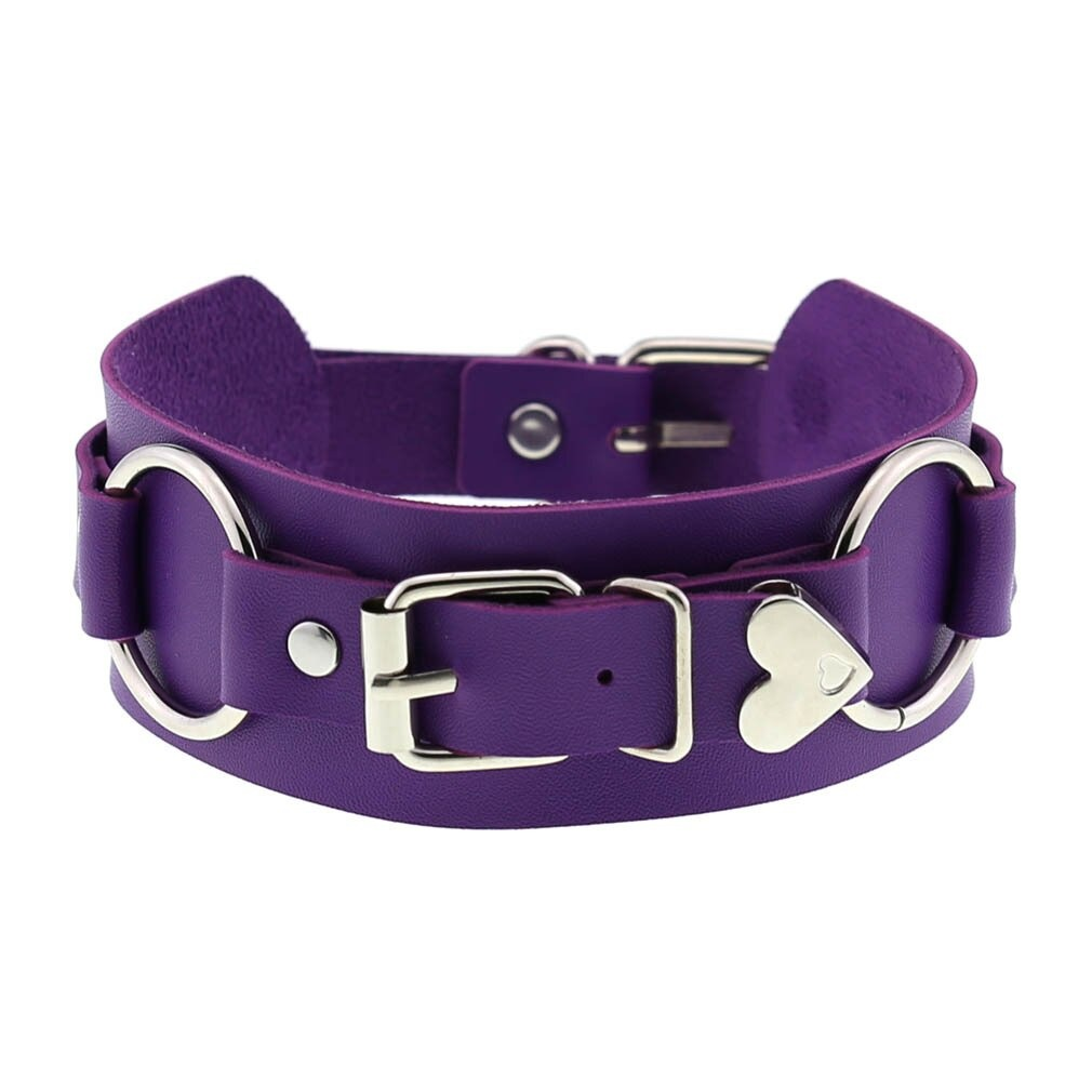 Gothic style purple leather choker necklace with heart detail, perfect for girls and ladies cosplay accessories.