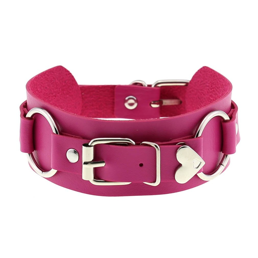 Gothic style pink leather choker with heart detail, perfect for ladies' cosplay and fashion accessories.
