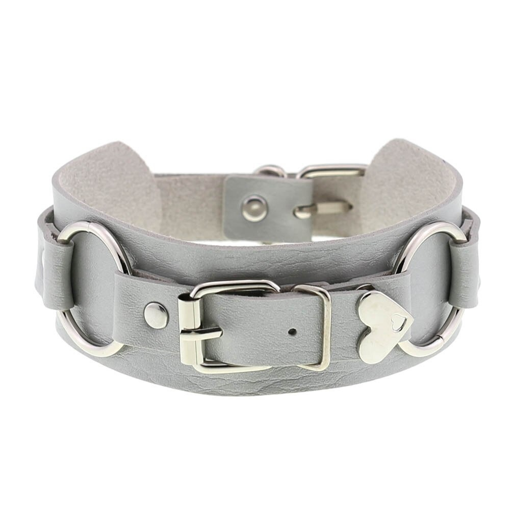 Gothic style leather heart choker necklace in gray, featuring stylish silver accents, perfect for ladies cosplay accessories.