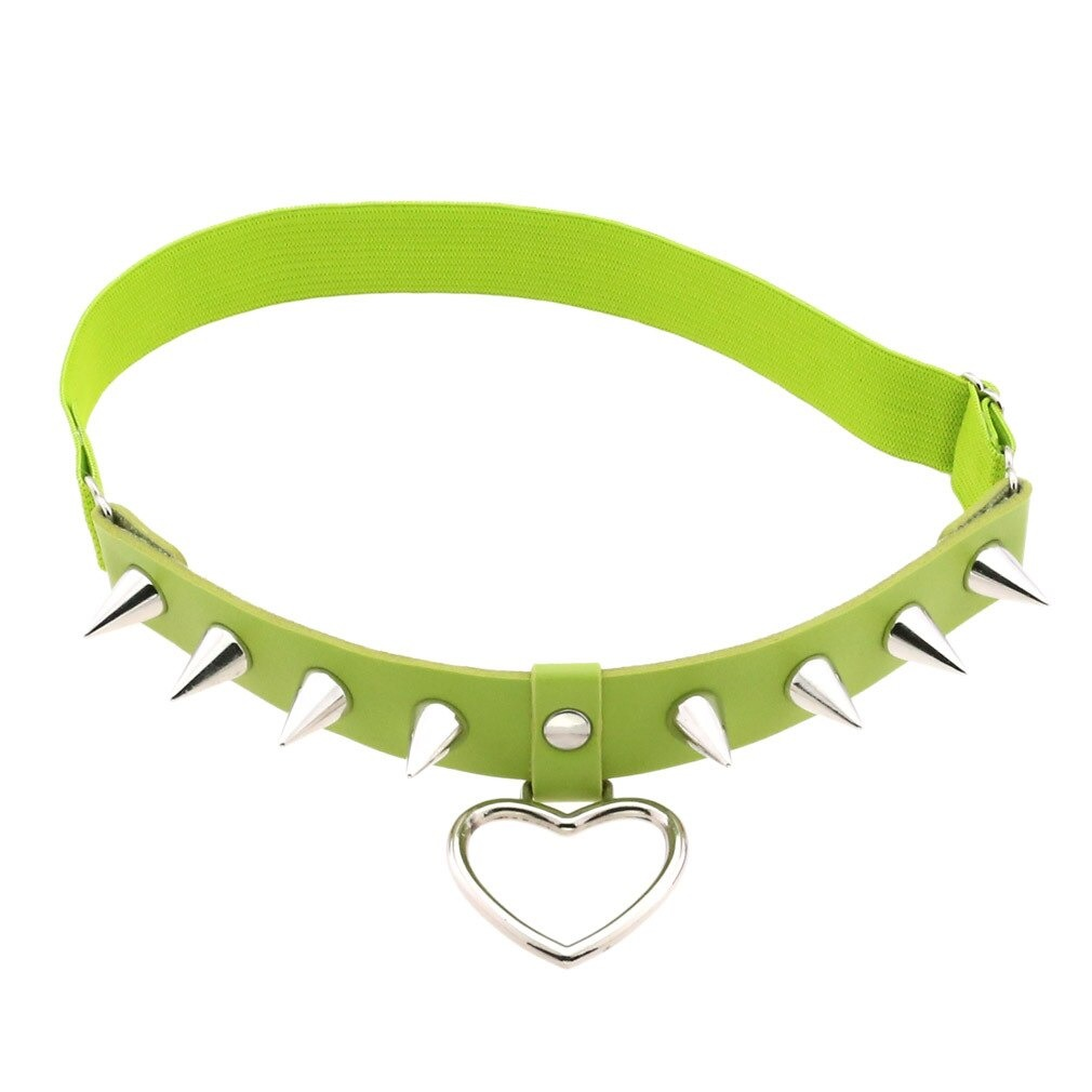 Gothic style green leg garter belt with spikes and heart pendant, perfect for adding edge to any outfit.