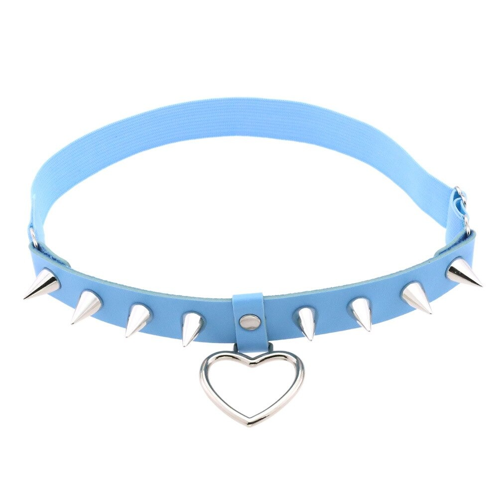 Gothic blue PU leather choker with silver spikes and heart pendant, perfect for edgy women's fashion.