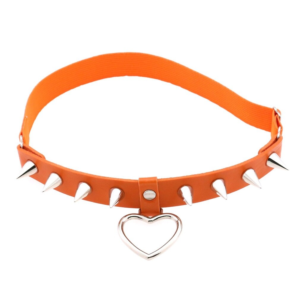 Gothic style women's orange PU leather choker with silver spikes and heart pendant for edgy fashion.