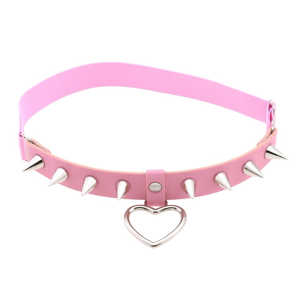 Pink gothic choker belt with silver spikes and heart pendant, perfect for edgy women's fashion.