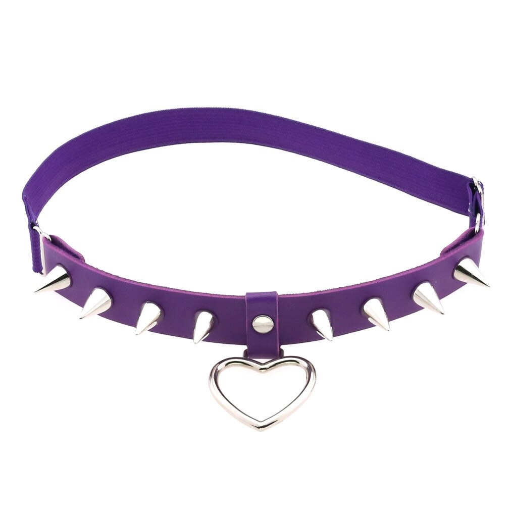 Gothic purple PU leather garter belt with silver spikes and heart pendant, perfect for edgy fashion lovers.