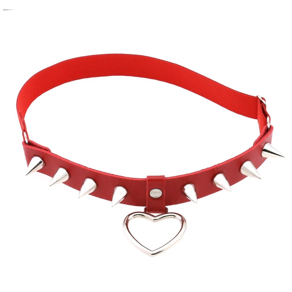 Gothic red PU leather choker belt with silver spikes and heart pendant, perfect for edgy women's fashion.