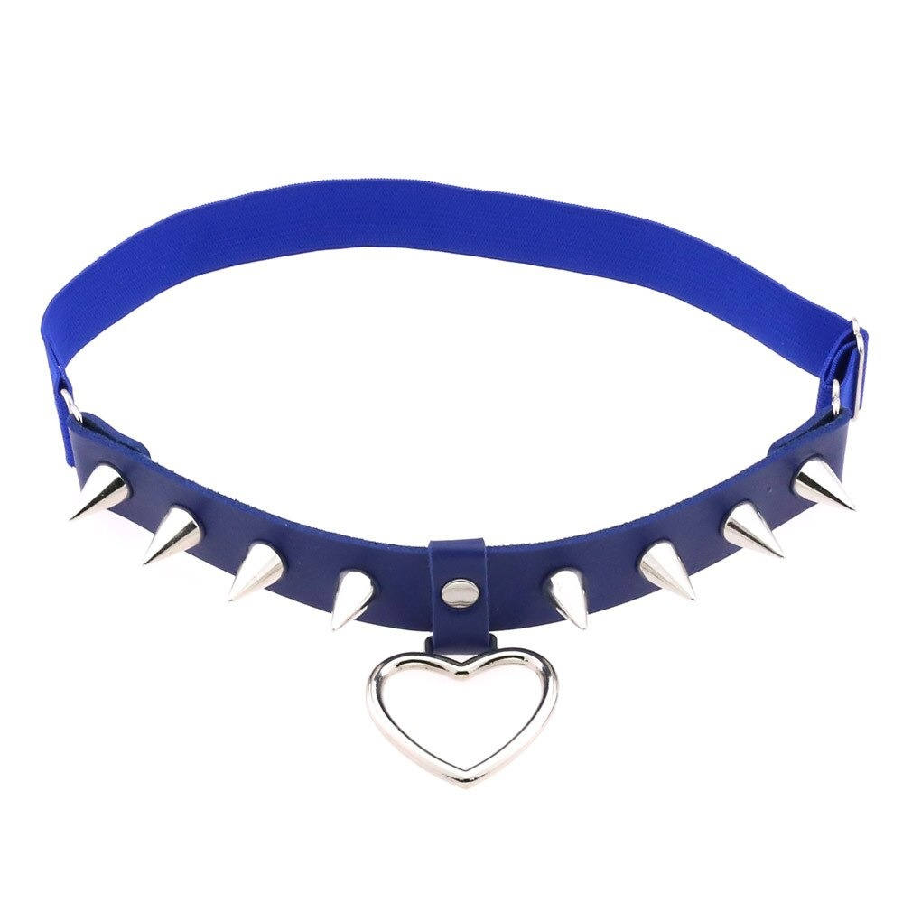 Gothic style blue PU leather choker with silver spikes and heart pendant, perfect for edgy women's fashion.