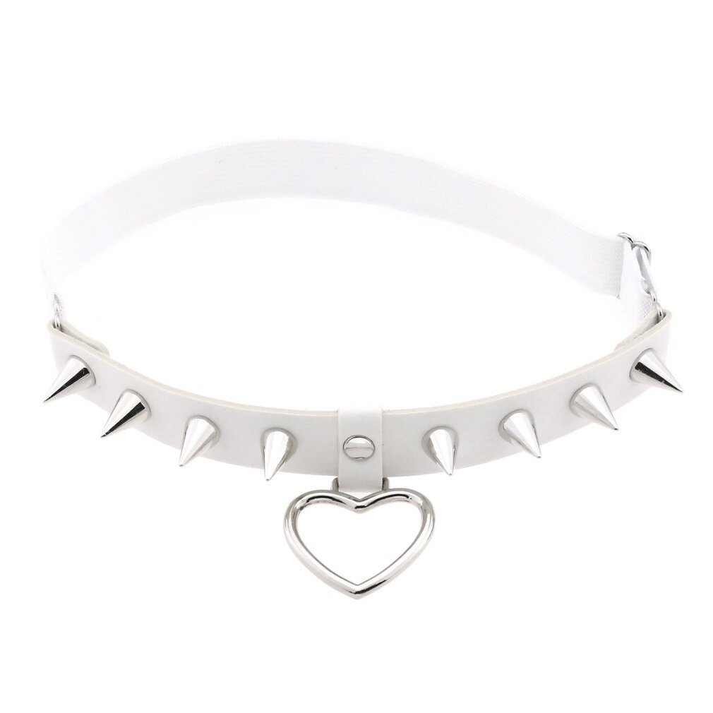 Gothic white choker belt with silver spikes and heart pendant, perfect for edgy women's fashion.