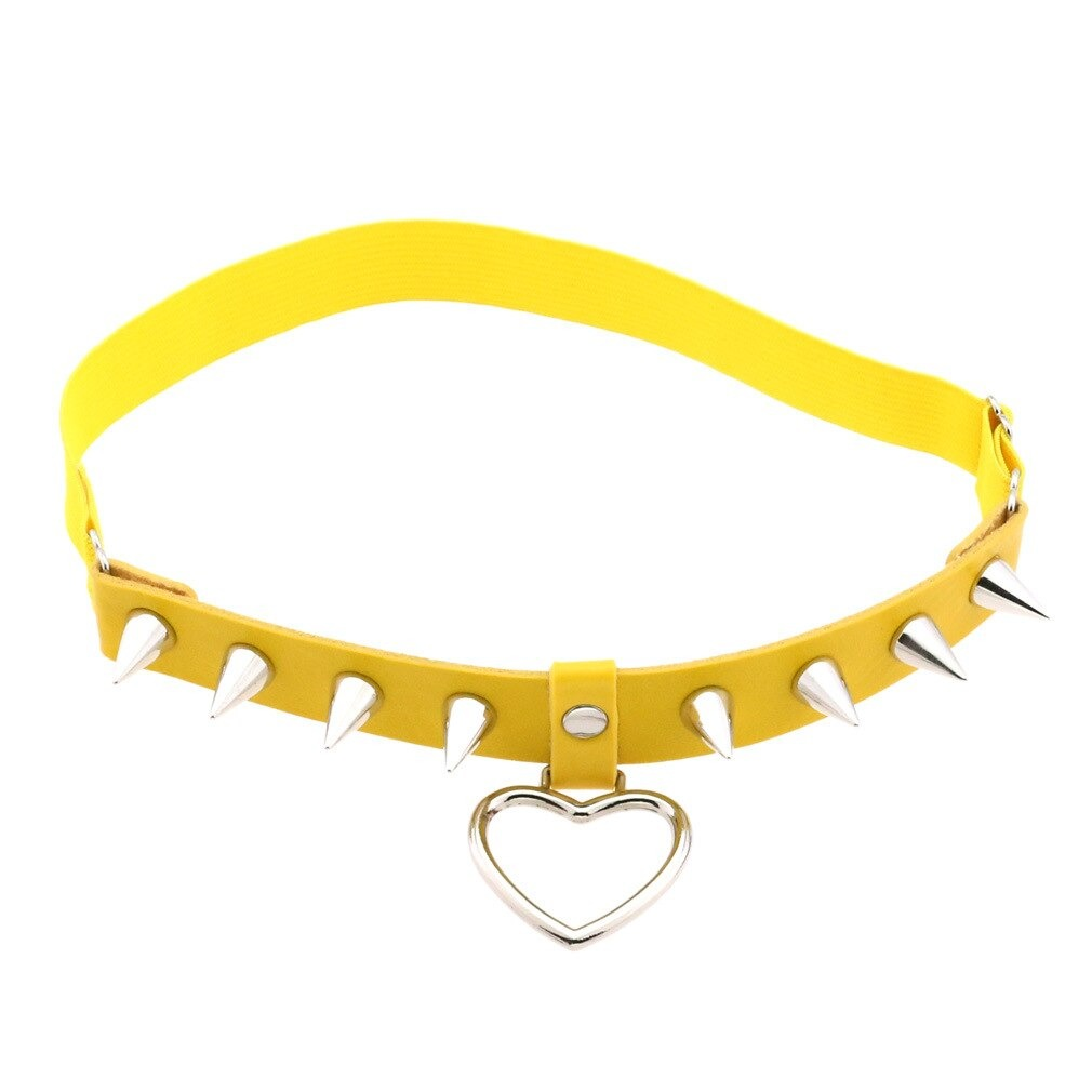 Gothic yellow leg garter belt with silver spikes and heart pendant for women, stylish PU leather choker accessory.
