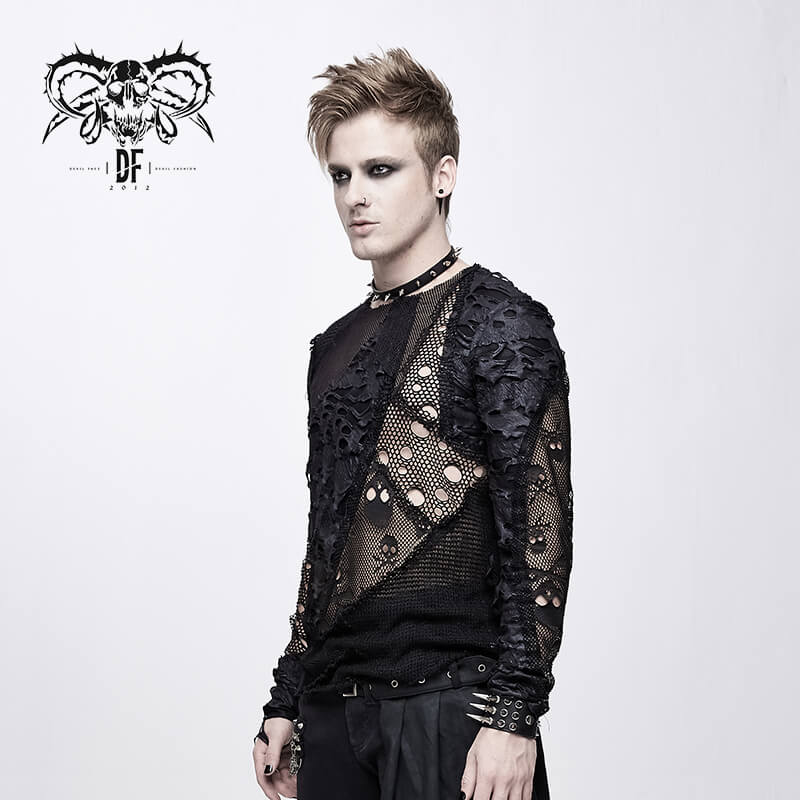 Gothic Style Men's Broken Hole Skull Pattern Top / Rock Male Black Mesh Tops / Alternative Fashion - HARD'N'HEAVY