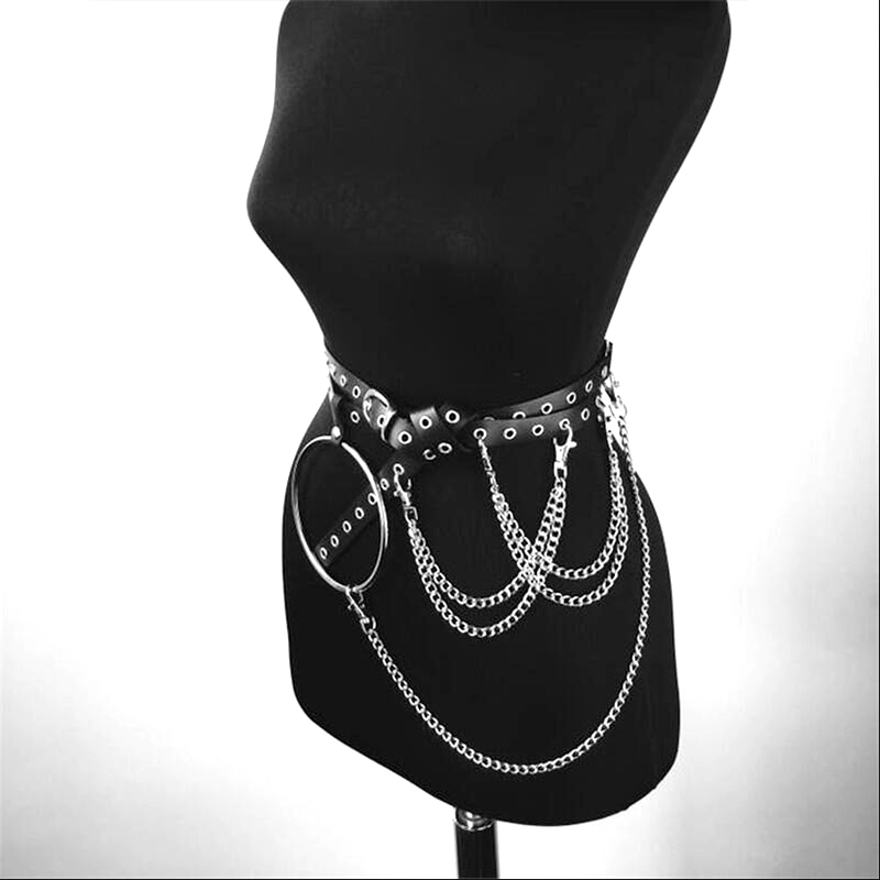 Gothic style metal chain belt for women, featuring adjustable PU leather and edgy metal elements, perfect for bold outfits.