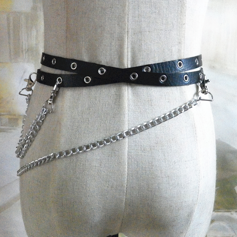 Gothic style adjustable PU leather body harness belt with metal chains and rivets for women.