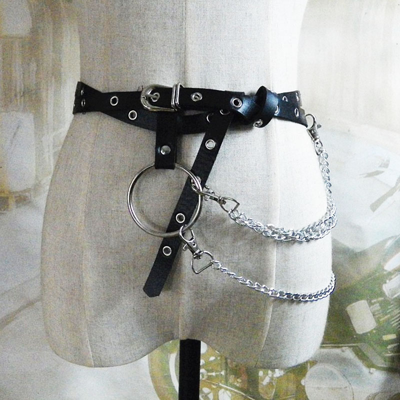 Gothic style adjustable metallic chain belt for women, showcasing PU leather and striking metal elements.