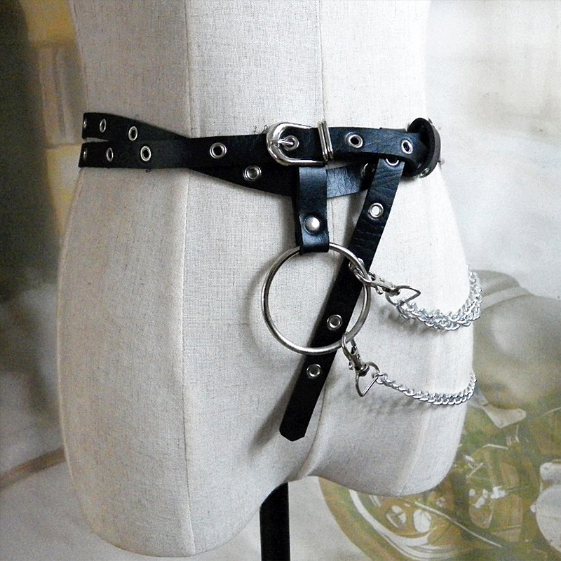 Gothic style adjustable PU leather harness belt with metal chain detailing and a large ring for a bold look.
