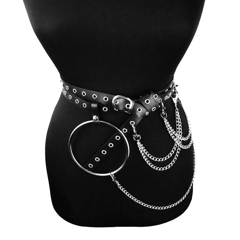Gothic style metal chain belt for women, featuring a PU leather harness with chains and a large metal ring.