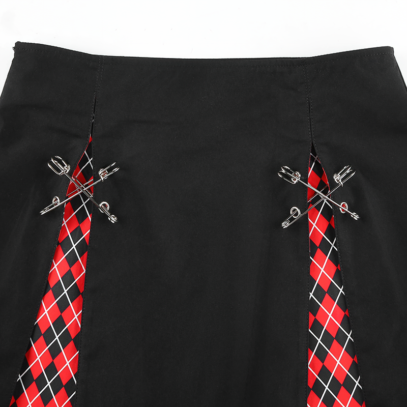 Gothic Style Plaid A-Line Skirt / Sexy High Waist Black Mini Skirt with Decorative Pins - HARD'N'HEAVY