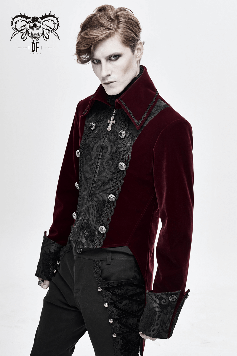 Gothic style Red Velvet Coat with Engraved Buttons / Men's Long Sleeves Coat / Alternative Fashion - HARD'N'HEAVY