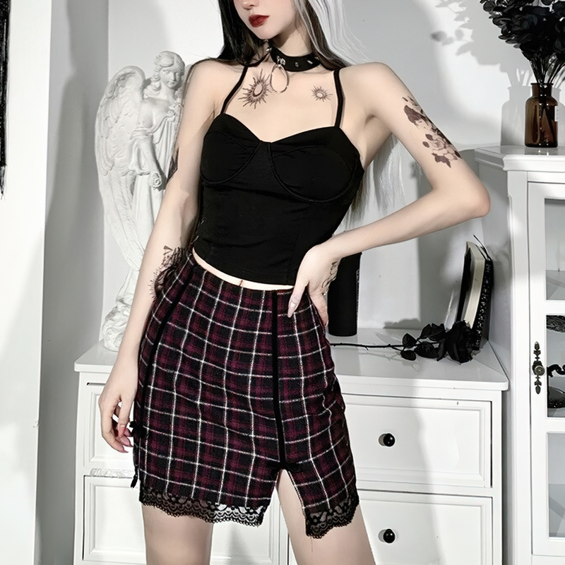 Gothic Style Sexy Plaid Pleated Skirt / Vintage Ladies High Waist Short Skirt - HARD'N'HEAVY