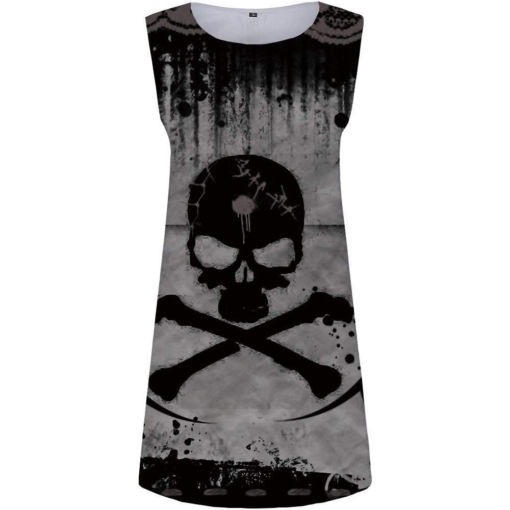 Gothic style sleeveless dress featuring a striking skull print on a dark gray background, perfect for alternative fashion lovers.