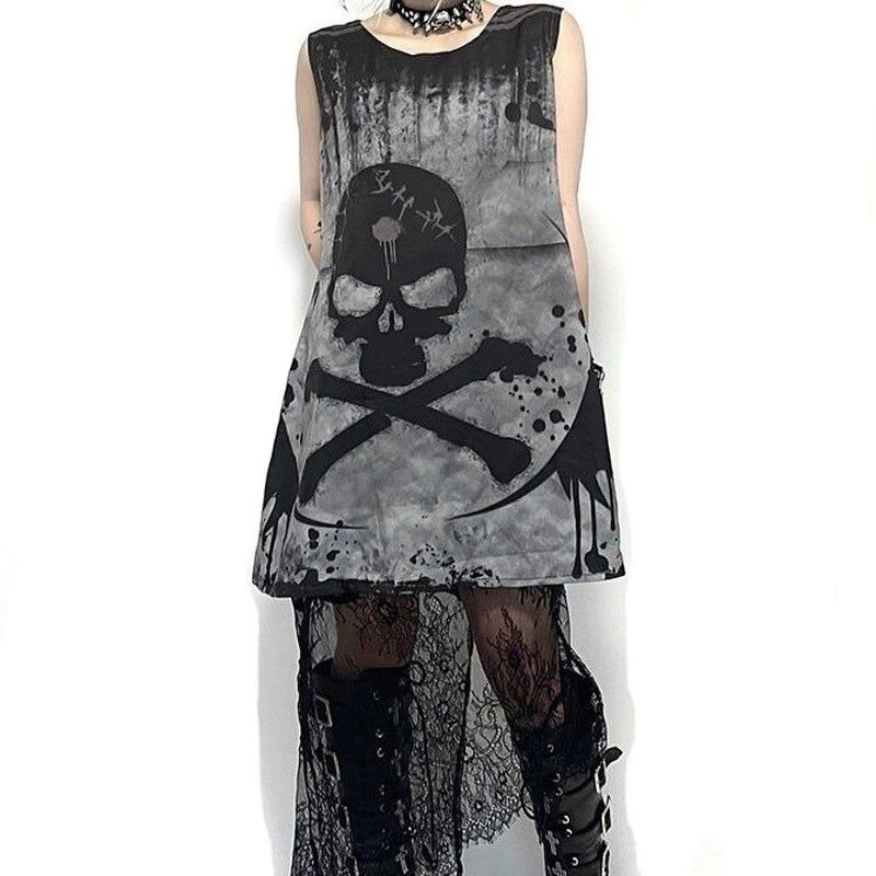 Gothic sleeveless dress with skull print, dark gray color, styled with punk accessories for alternative fashion enthusiasts.