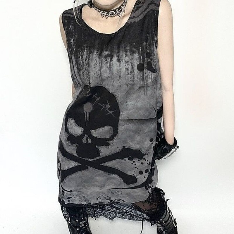 Gothic sleeveless dress featuring skull print in dark gray, perfect for alternative fashion enthusiasts.
