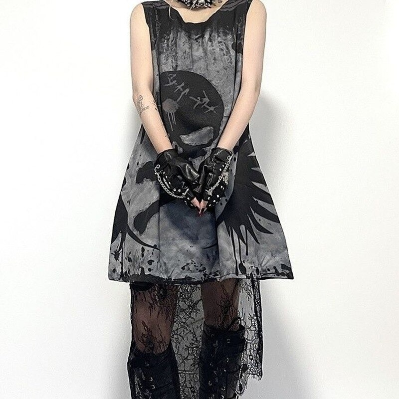 Gothic style sleeveless dress with skull print, dark gray, perfect for alternative fashion enthusiasts.