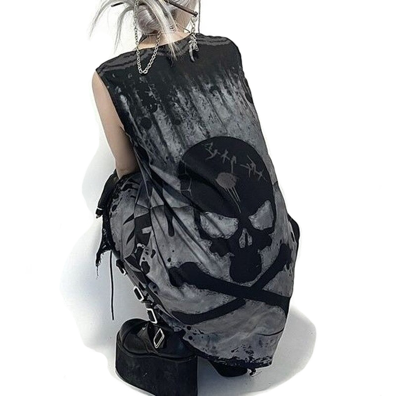 Gothic sleeveless dress featuring a bold skull print, perfect for alternative fashion lovers.