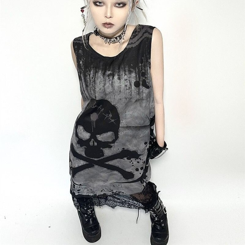 Gothic style sleeveless dress with skull print, perfect for alternative fashion enthusiasts.