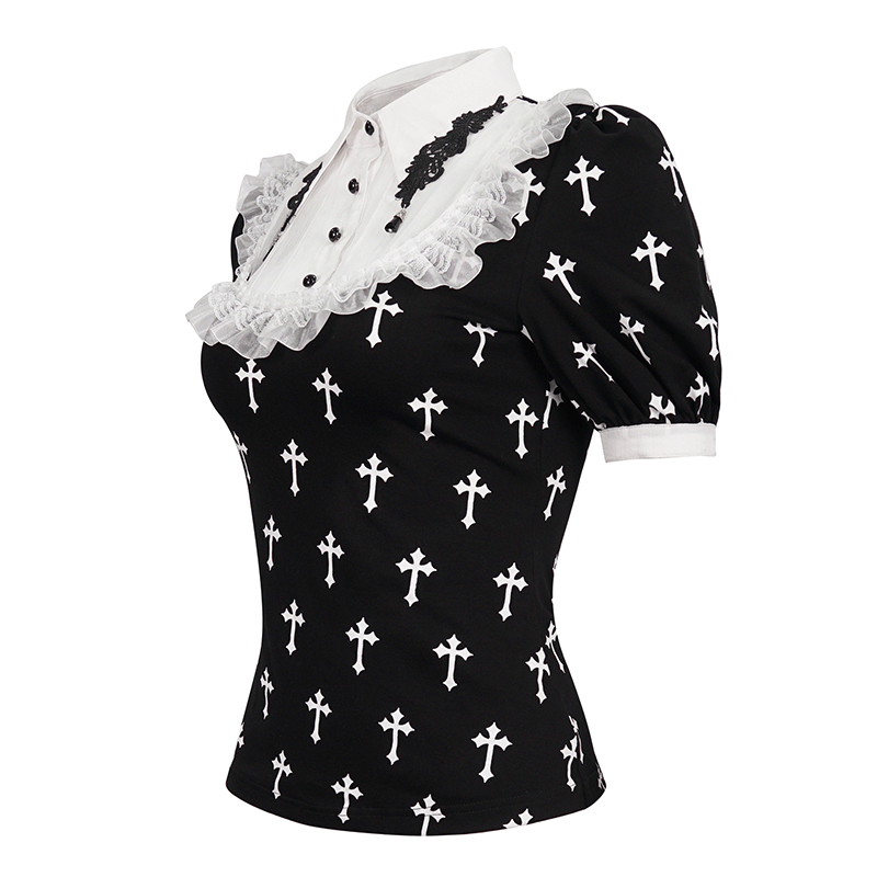 Gothic Style Short Sleeves Blouse with White Crosses Pattern / Alternative Fashion Women's Clothing