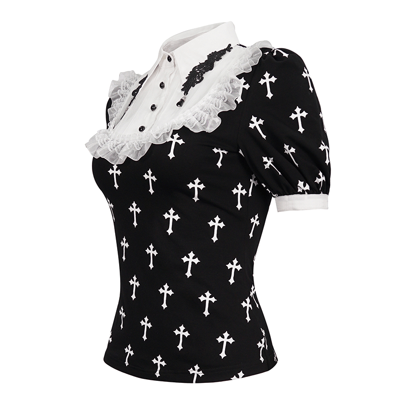 Gothic style short sleeve blouse featuring black fabric with white crosses and ruffled collar, perfect for alternative fashion.