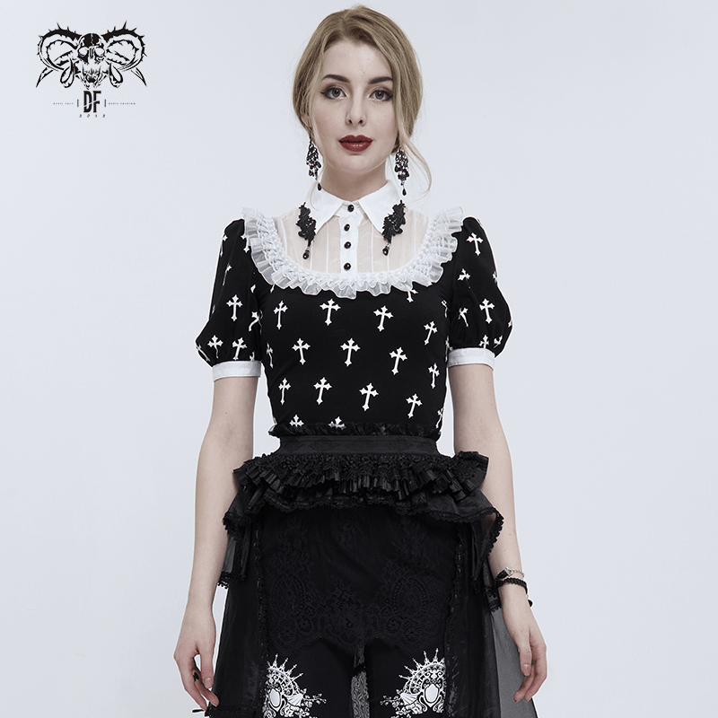Gothic short sleeve blouse with white crosses pattern, stylish model showcasing alternative fashion.