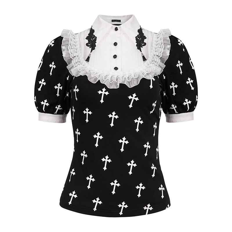 Gothic Style Short Sleeves Blouse with White Crosses Pattern / Alternative Fashion Women's Clothing