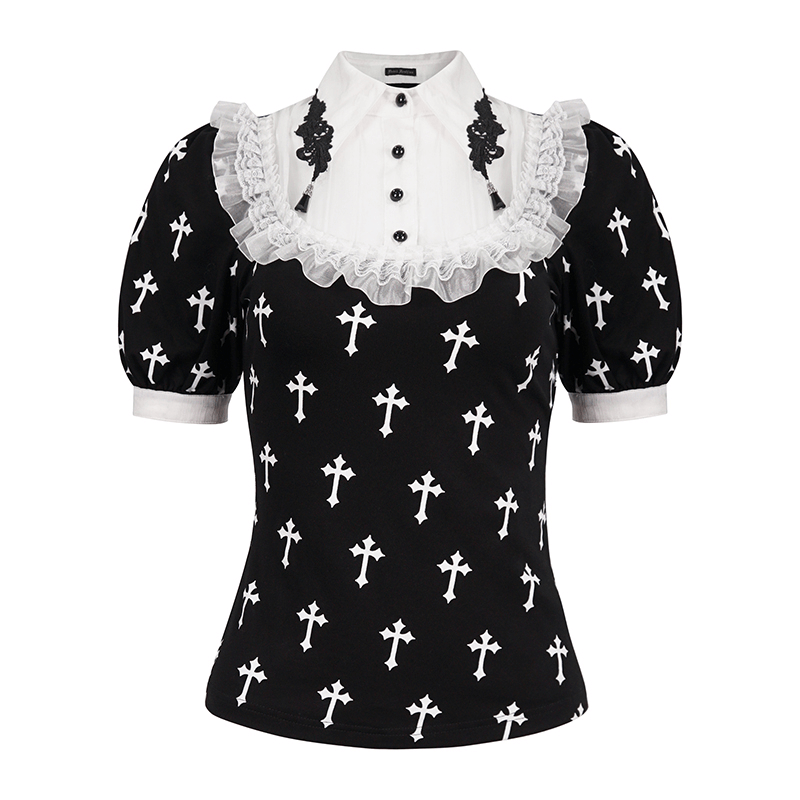 Gothic style women's short sleeve blouse with white crosses pattern and ruffle details, perfect for alternative fashion lovers.