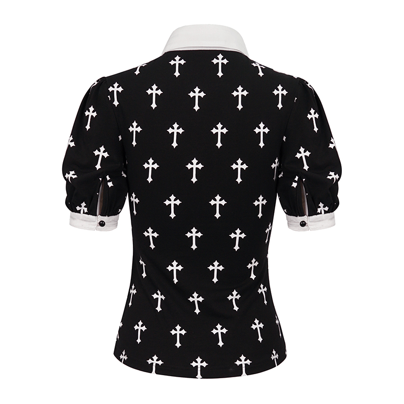 Back view of a gothic style short sleeve blouse with white crosses pattern, perfect for alternative fashion lovers.