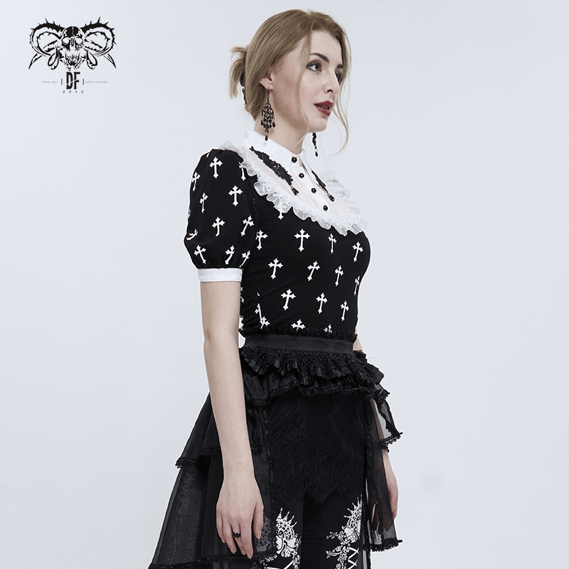 Gothic short sleeve blouse with white crosses pattern, featuring ruffled collar, worn by model in alternative fashion style.