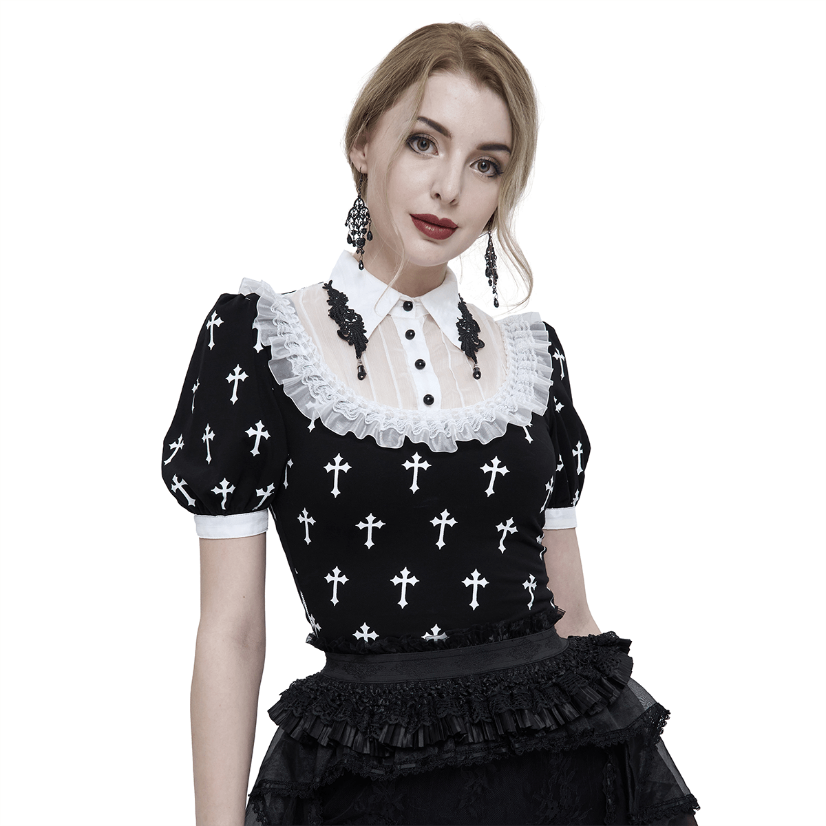 Gothic style short sleeve blouse with white crosses pattern, featuring frilly collar, perfect for alternative fashion lovers.