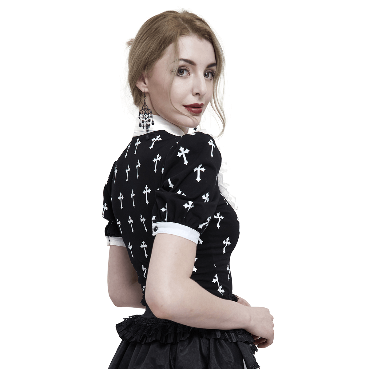 Stylish woman wearing a Gothic short sleeve blouse with white crosses pattern, ideal for alternative fashion lovers.