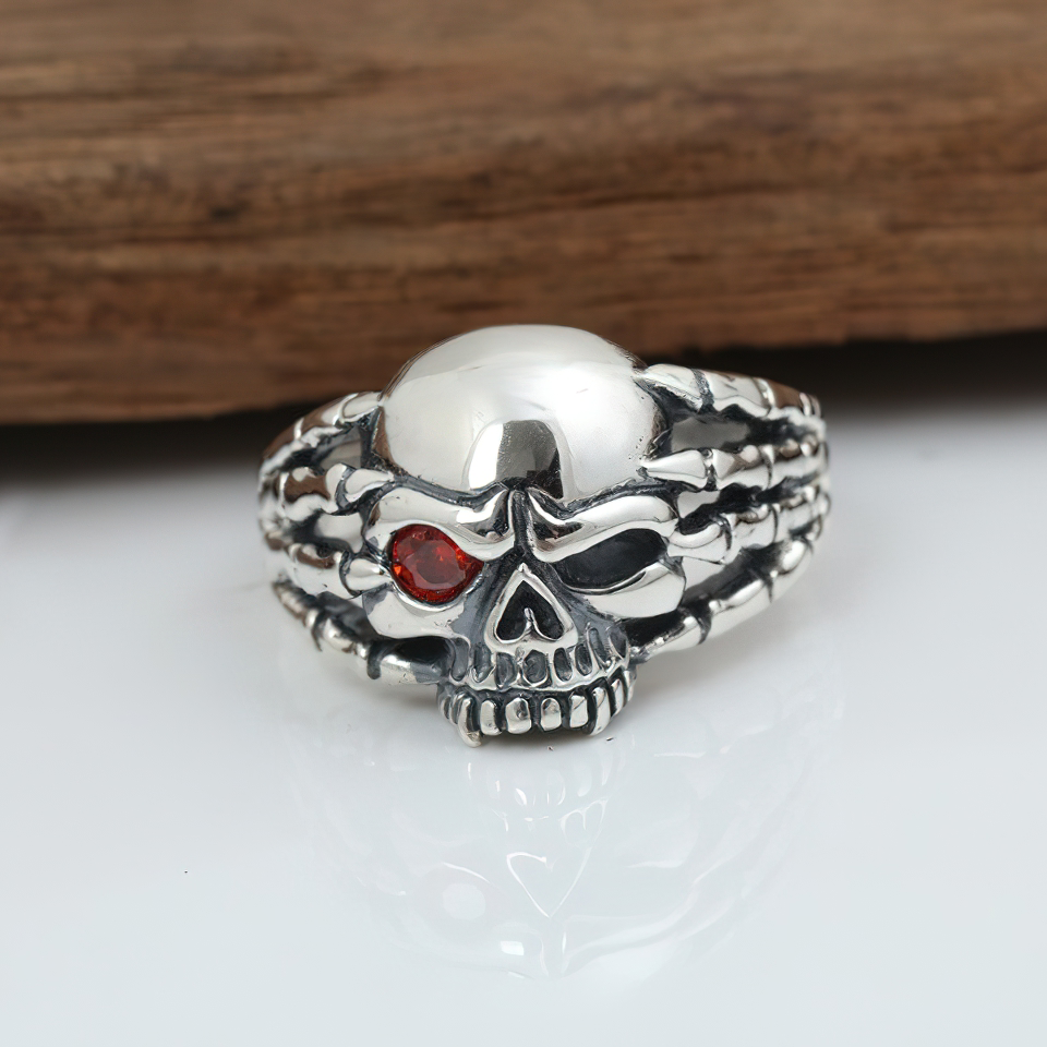 Gothic Style Sterling Silver Jewelry / Vintage Skeleton Ring / Skull With Red Eye Ring - HARD'N'HEAVY