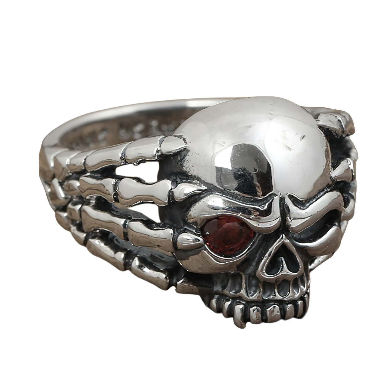 Gothic sterling silver ring featuring a skull with a red eye, perfect unisex accessory for edgy style.