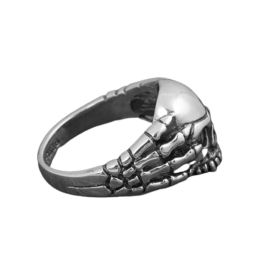 Gothic sterling silver ring featuring a skeleton design with a red eye, perfect for a trendy unisex accessory.