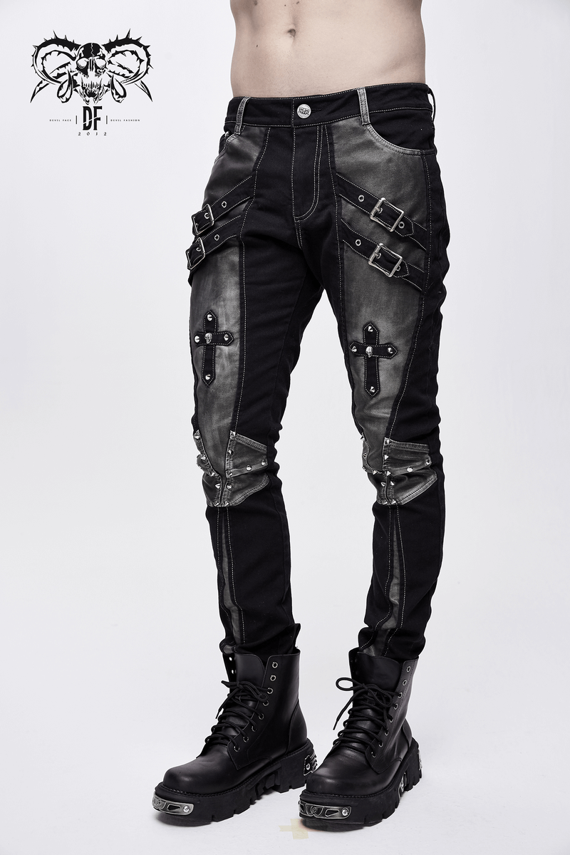 Gothic Style Studded Tight Pants with Pockets / Men's Trousers with Dual Buckle Straps - HARD'N'HEAVY