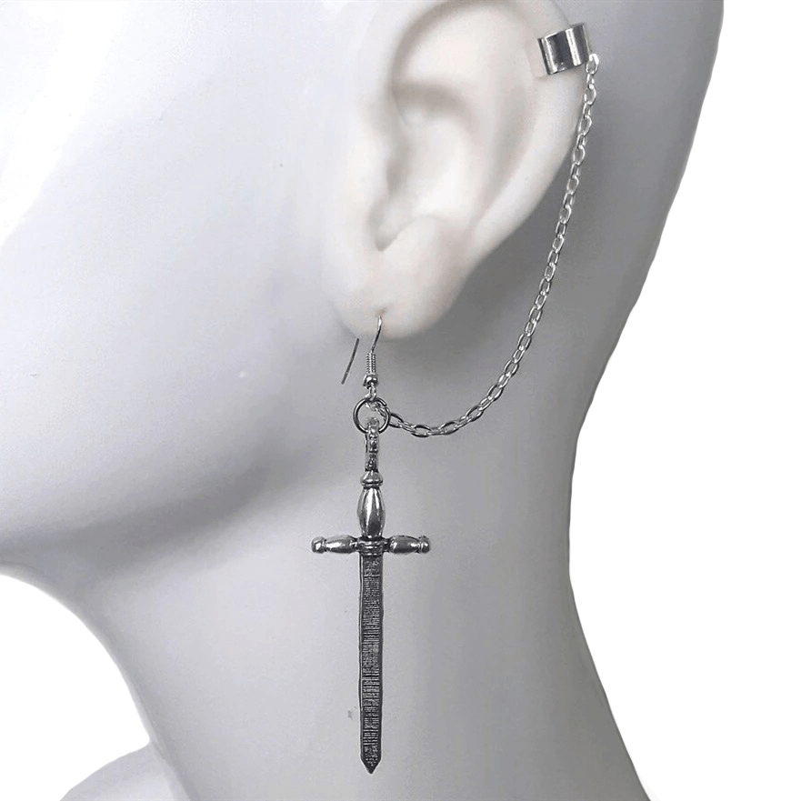 Gothic style sword earrings with chain for women, perfect punk accessory for edgy outfits.