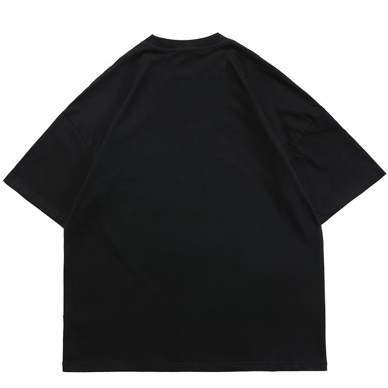 Back view of a loose-fitting Gothic style black T-shirt for men and women, perfect for casual rock fashion.