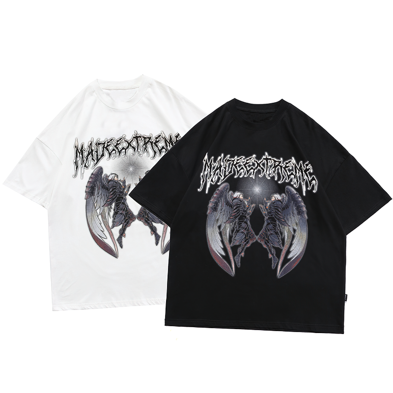 Gothic style unisex T-shirts in black and white featuring edgy wing graphics, perfect for casual rock fashion.