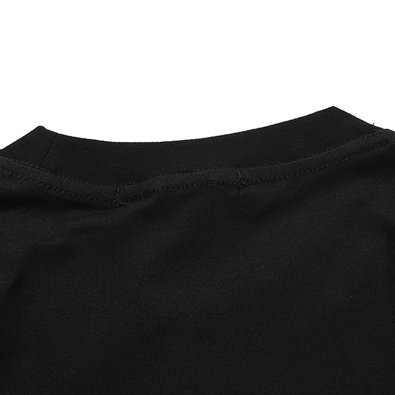 Close-up of the back neckline of a casual gothic style black t-shirt for men and women.