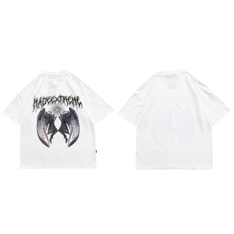 Gothic style unisex t-shirt featuring angel wings design, casual loose top for men and women.