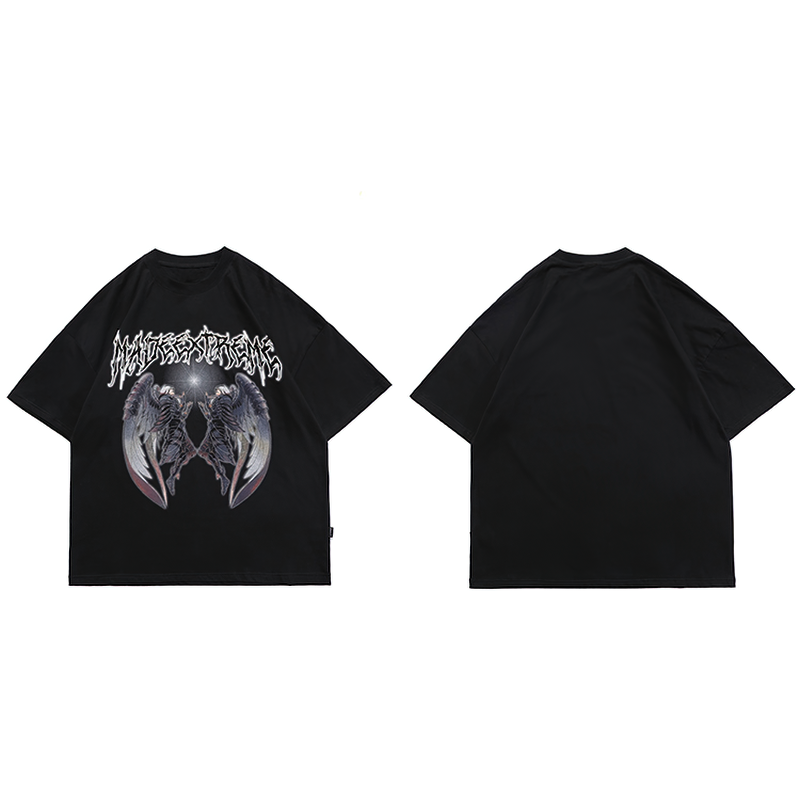 Gothic style unisex loose t-shirt with wing design, perfect for casual rock-inspired outfits.