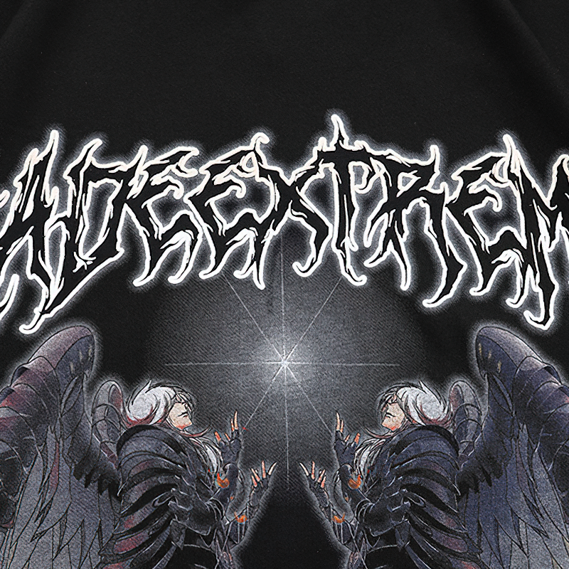 Gothic style graphic featuring 'Extrem' text and angelic figures on a black loose t-shirt for unisex casual wear.