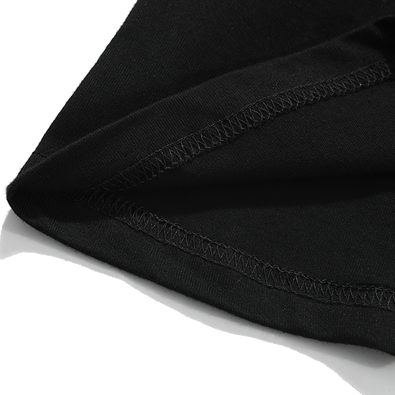 Close-up of the hem and stitching on a black Gothic style unisex t-shirt, highlighting quality craftsmanship.