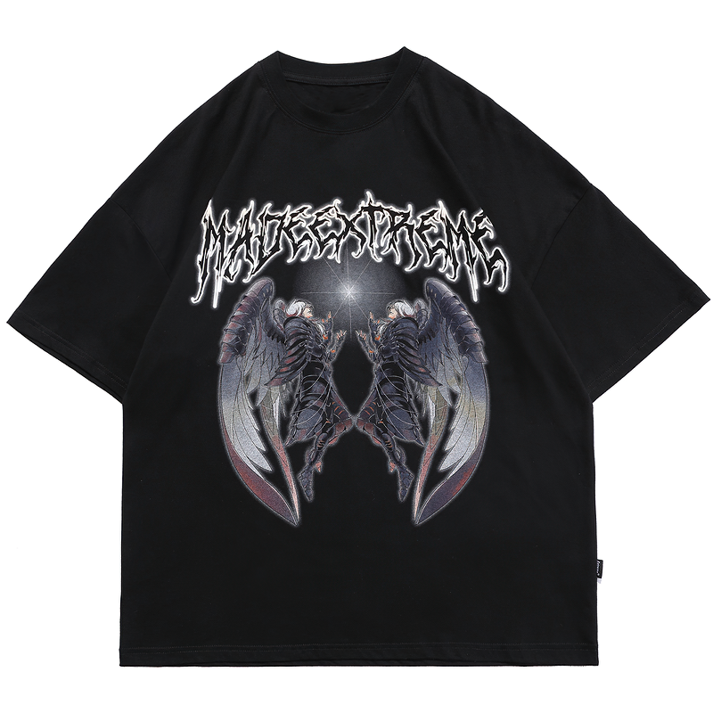 Gothic style black oversized t-shirt with wing graphics for men and women, perfect for casual rock fashion.